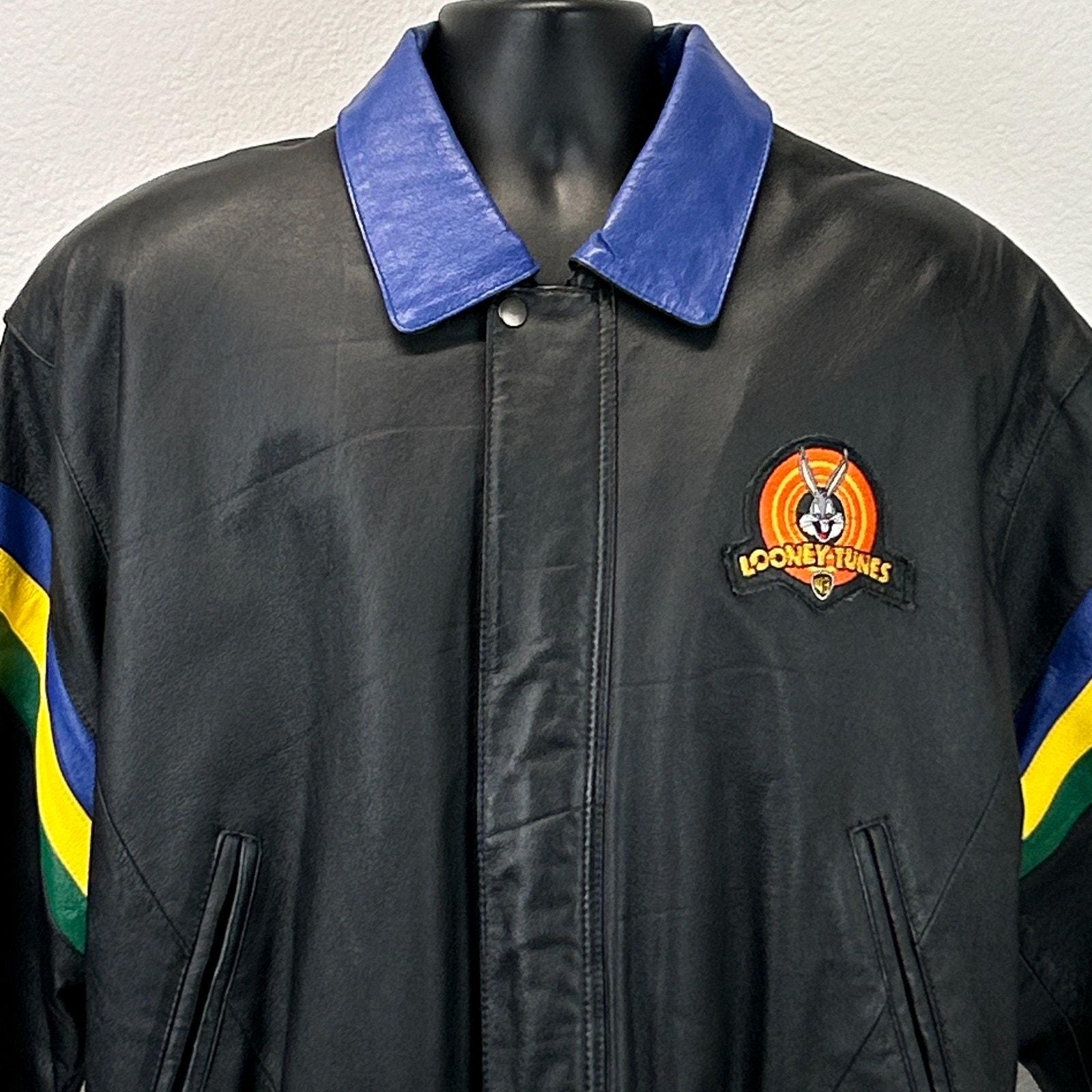 Vintage 90s Looney Tunes Leather Bomber Jacket 1997 Warner Bros