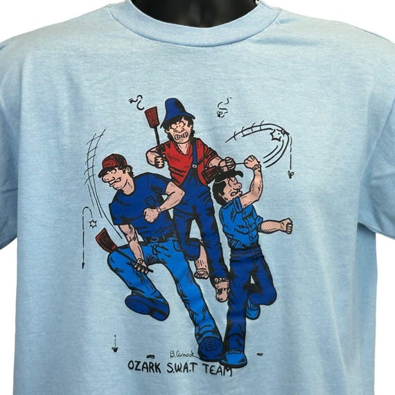 Vintage Ozark SWAT Team T Shirt Missouri Flies Fly Swatter Funny Blue L Large