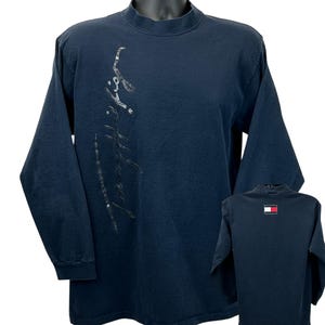 Vintage Tommy Hilfiger T Shirt Mens M Medium Blue 90s Long Sleeve Spell Out USA