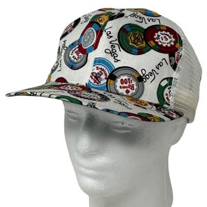 Vintage Las Vegas Poker Chips Trucker Hat Cap White 70s 80s Casino Mesh Snapback