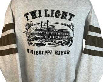 Mississippi River Twilight Riverboat Vintage 90s Sweatshirt Large USA Mens Gray