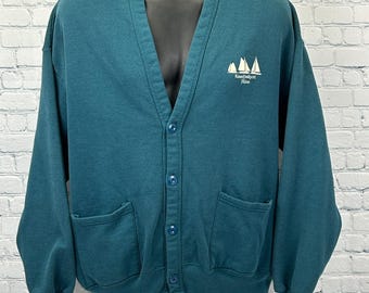 Vintage 90s Kennebunkport Maine Cardigan Sweater Sailing Sailboat Green L Large