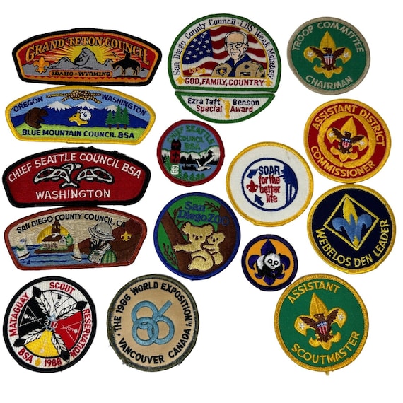 28 Vintage Boy Scout Patches Mounted On Board - Antique Mystique