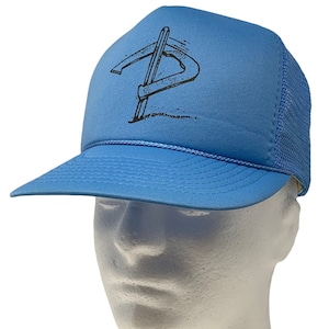 Gorra de camionero vintage de los años 80 con diseño de herraduras y anilla, de malla azul, con cierre a presión y 5 paneles, con montura en A