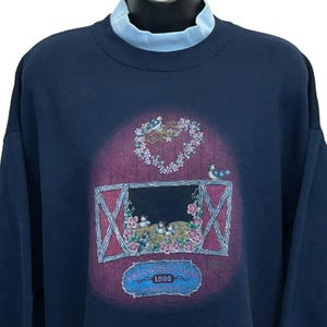 Sudadera vintage de los años 90 de Meadow Brook Farms con diseño en capas, azul, para mujer, talla XL (extragrande)