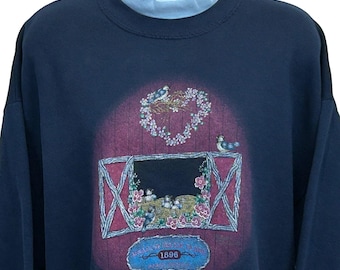 Sudadera vintage de los años 90 de Meadow Brook Farms con diseño en capas, azul, para mujer, talla XL (extragrande)