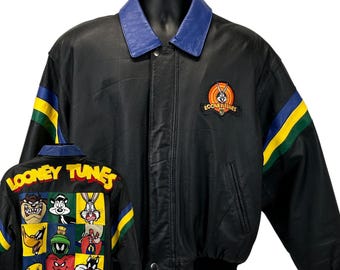 Vintage 90s Looney Tunes Leather Bomber Jacket 1997 Warner Bros