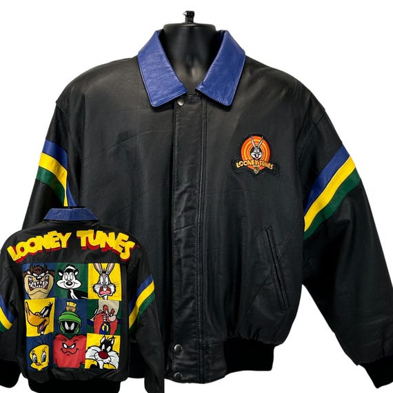 Looney Tunes ブラック レザージャケット 2XL Vintage 90s Looney Tunes Leather Bomber Jacket 1997 Warner Bros