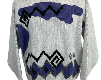 Vintage 90s Hilton Knit Sweater Mens Medium White Purple Geometric Made In USA