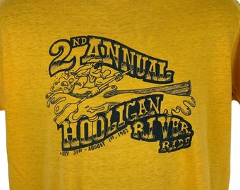 Hooligan River Ride Vintage 80s T Shirt Large Maxwell Iowa Canoe Mens Yellow