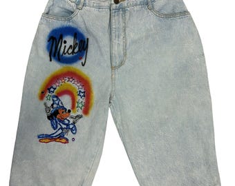 Vintage Mickey Mouse damesjeansbroek maat 27, jaren 80 Disney denim Jakko