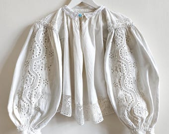 Antique 1930 Romanian blouse with floral white embroidery made from linen natural