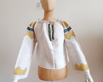 Antique 1940 Romanian blouse yellow embroidery beaded