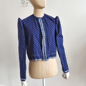 Vintage Hungarian blue print cotton floral embroidered blouse