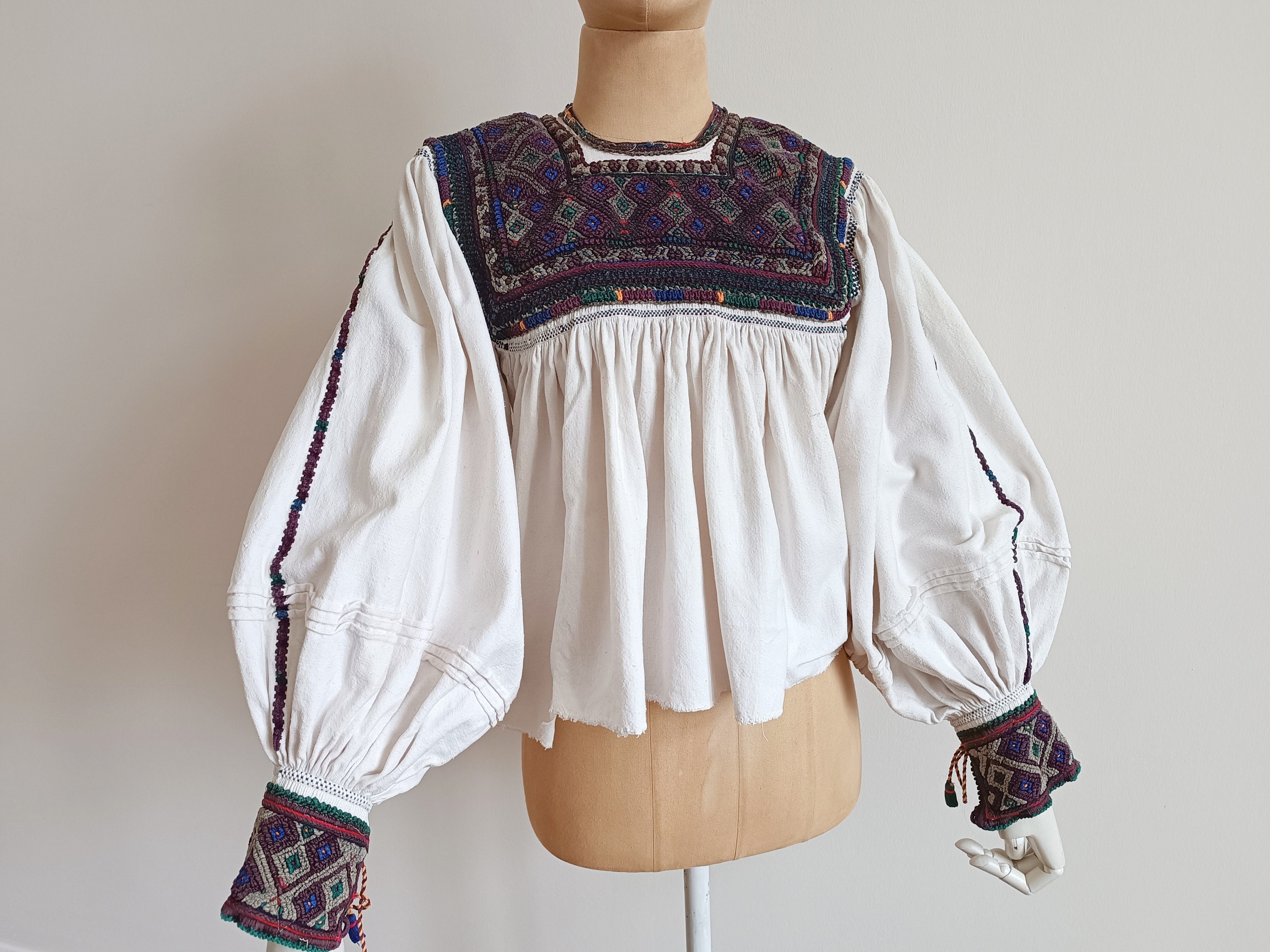 Antique 1940 Dark Embroidered Romanian Blouse With Puffed Antique 1940 Dark Embroidered Romanian Blouse With Puffed