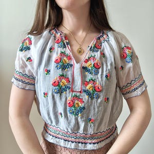 Könnte beinhalten: Eine hellblaue, bestickte Bluse mit kurzen Ärmeln. Die Bluse hat bunte Blumenstickereien um den Halsausschnitt, die Ärmel und den Oberkörper. Die Stickerei umfasst rote, blaue, gelbe und grüne Fäden. Die Bluse hat einen V-Ausschnitt und eine geraffte Taille.