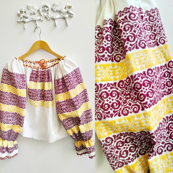 Vintage linen heavily embroidered Romanian blouse