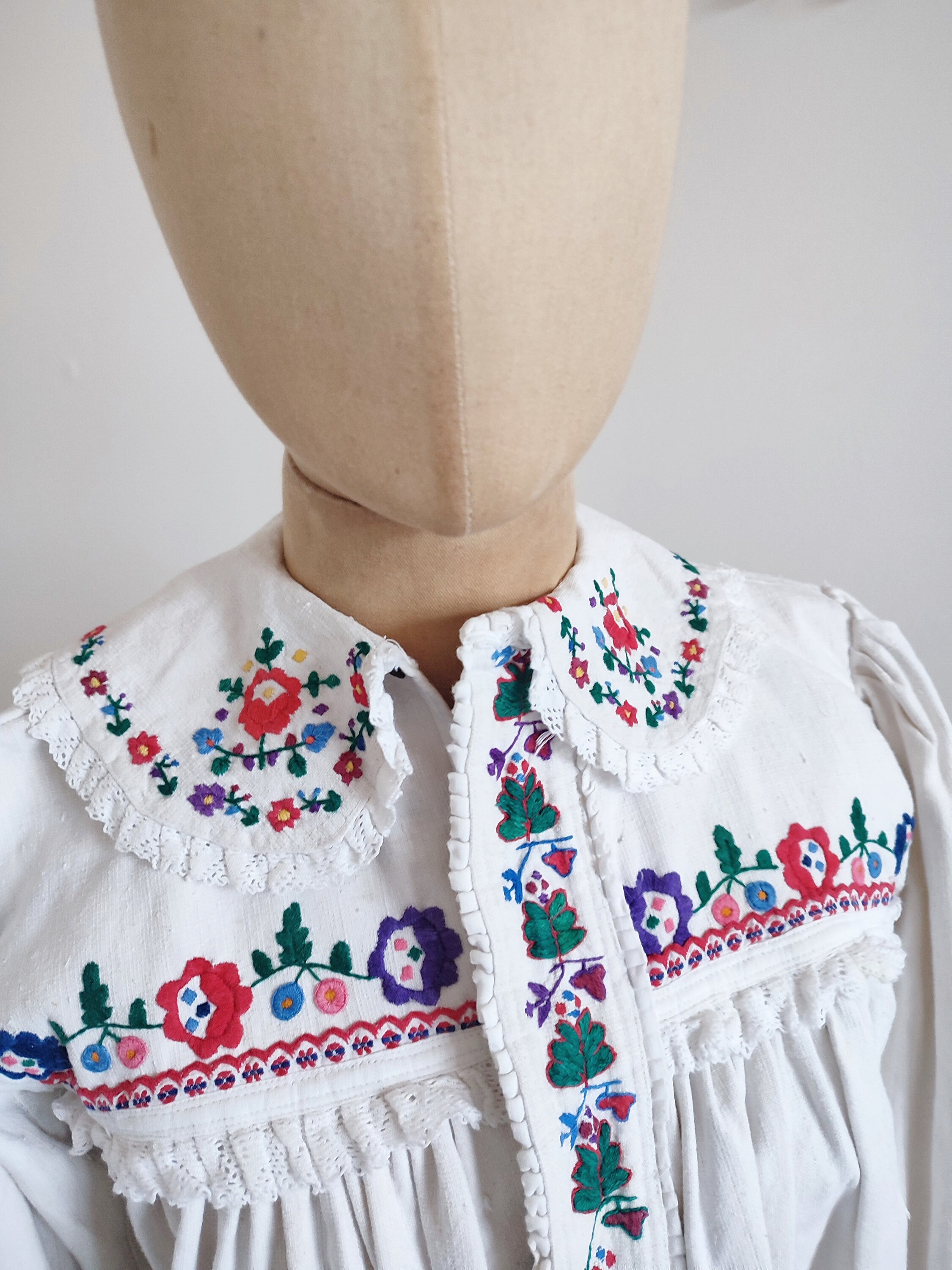 Hand embroidered Romanian blouse with red flowers