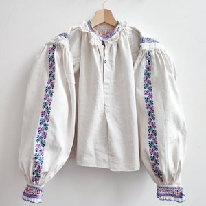 Antique colorfull floral embroidered Romanian blouse linen hemp