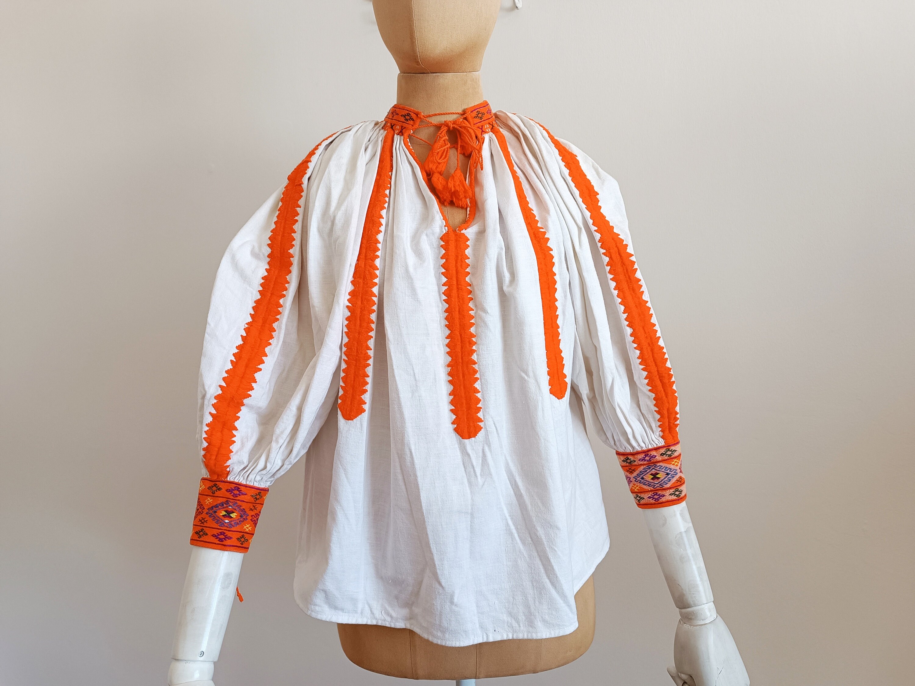 Vintage 1950 Orange Cotton Embroidered Authentic Romanian