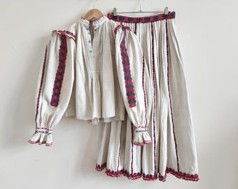 Antique 1930 Romanian blouse and skirt from Arad red and blue embroidery handmade linen