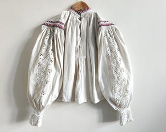 Antique 1930 Romanian blouse with floral white embroidery made from linen natural
