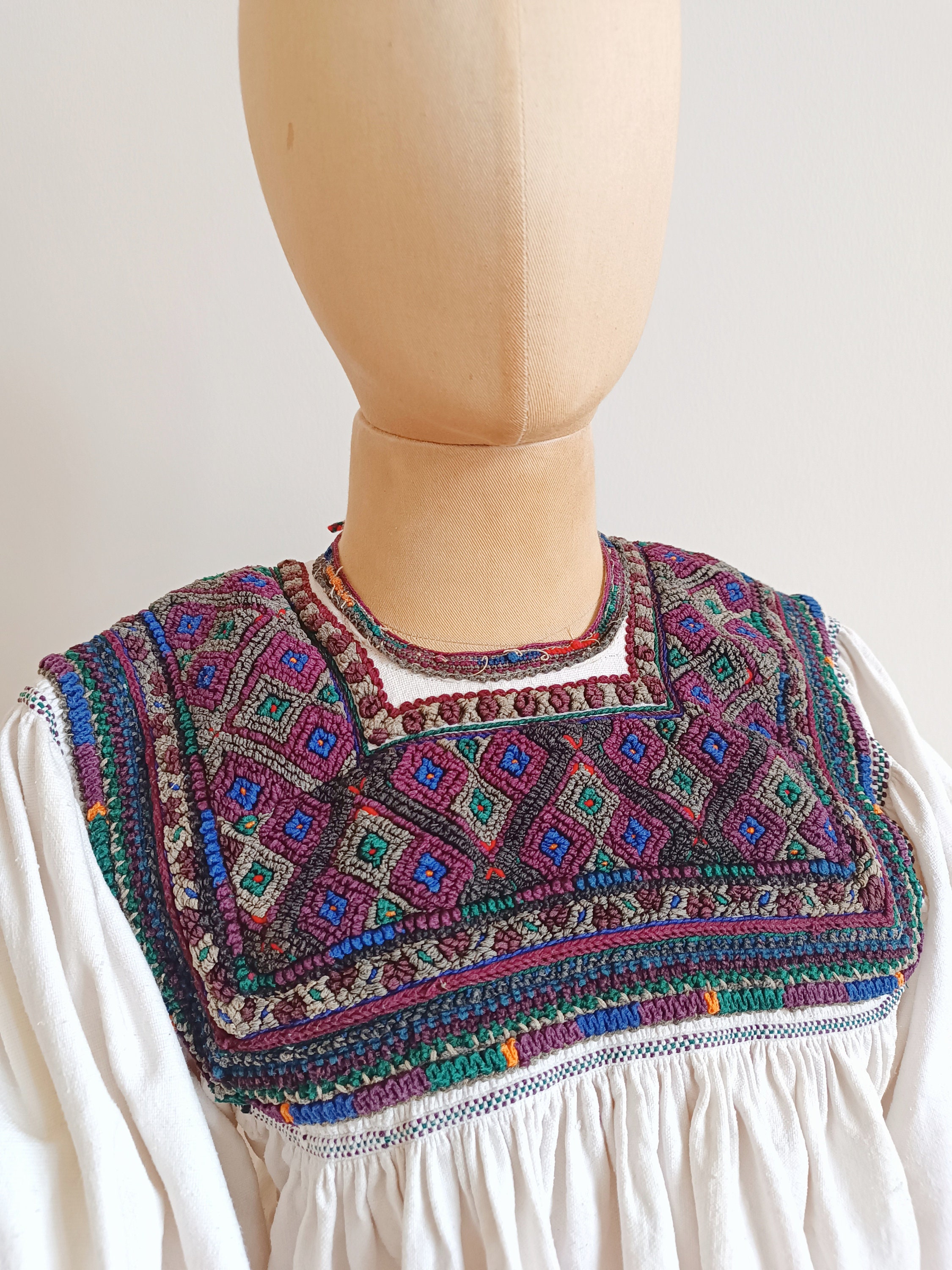Antique 1940 Dark Embroidered Romanian Blouse With Puffed Sleeves 
