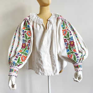 Antique floral cross stitched embroidered Romanian blouse folklore authentic