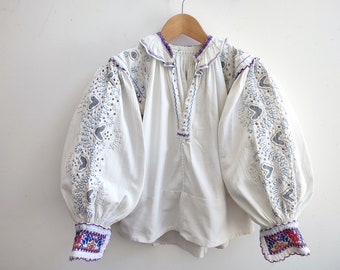 Really rare antique Romanian folklore floral embroidered blouse with metal