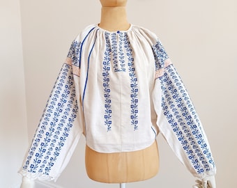 Vintage 1950 blue cotton embroidered authentic Romanian blouse