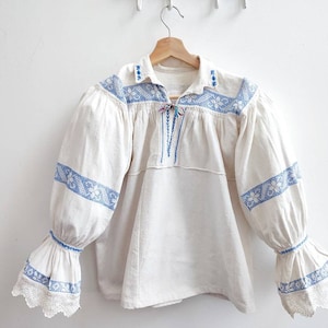 Antique Romanian blouse floral embroidery linen handmade folklore puffed sleeves