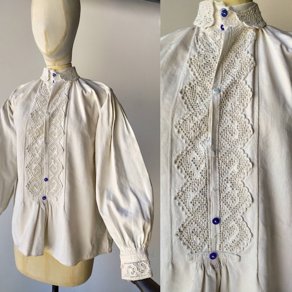 Antique Romanian linen blouse with embroidery and