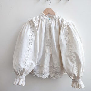 Antique 1930 Romanian blouse with floral white embroidery made from linen natural