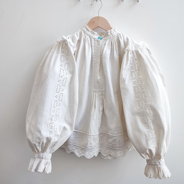 Antique 1930 Romanian blouse with floral white embroidery made from linen natural