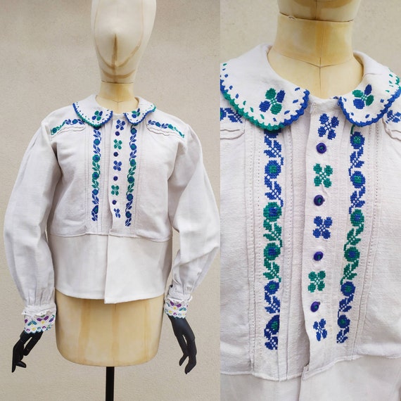 Antique floral embroidered linen peasant Romanian… - image 1