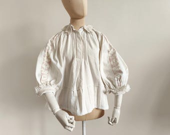 1930 pastel antique Romanian blouse floral embroidery linen sustainable folklore collar