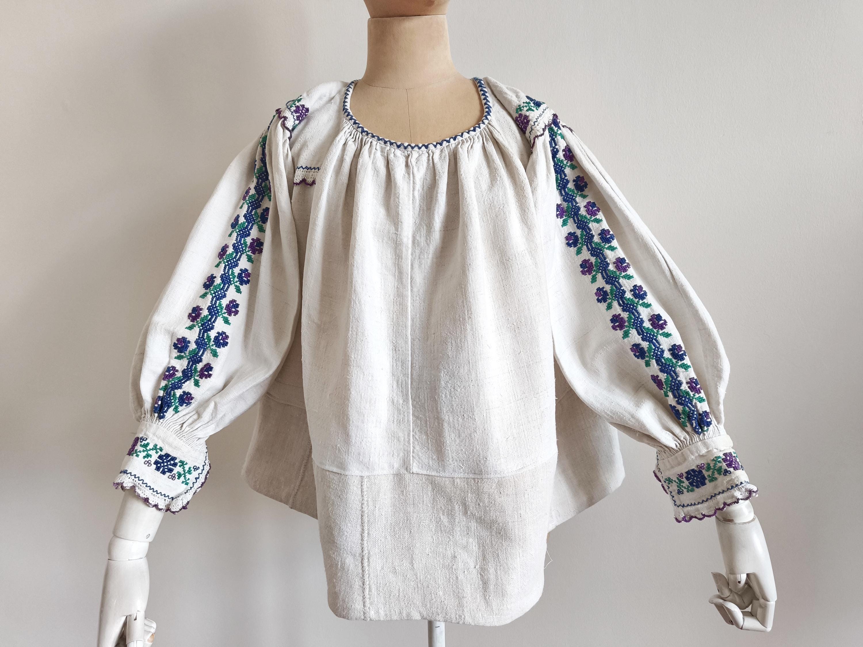 Antique 1930 Floral Cross Stitched Embroidered Romanian Blouse 