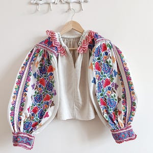 Antique floral cross stitched embroidered Romanian blouse folklore authentic