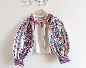 Antique floral cross stitched embroidered Romanian blouse folklore authentic