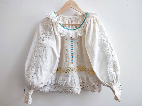 Antique 1940 Lace Frilly Embroidered Blouse Romanian Folklore - Etsy