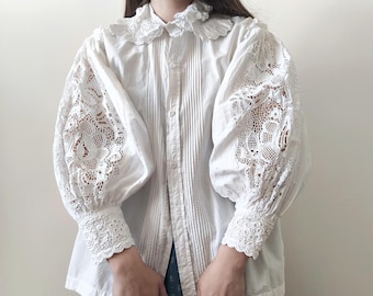 Antique Hungarian crochet lace puffed sleeves floral embroidered blouse Edwardian style