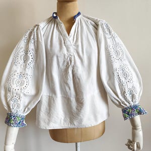 Antique Romanian blouse floral embroidery linen handmade folklore puffed sleeves