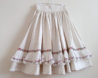 Antique 1930 Romanian circle skirt made from linen with floral embroidery