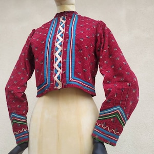 Vintage 1950 red burgundy velvet Hungarian embroidered jacket from Györgyfalva