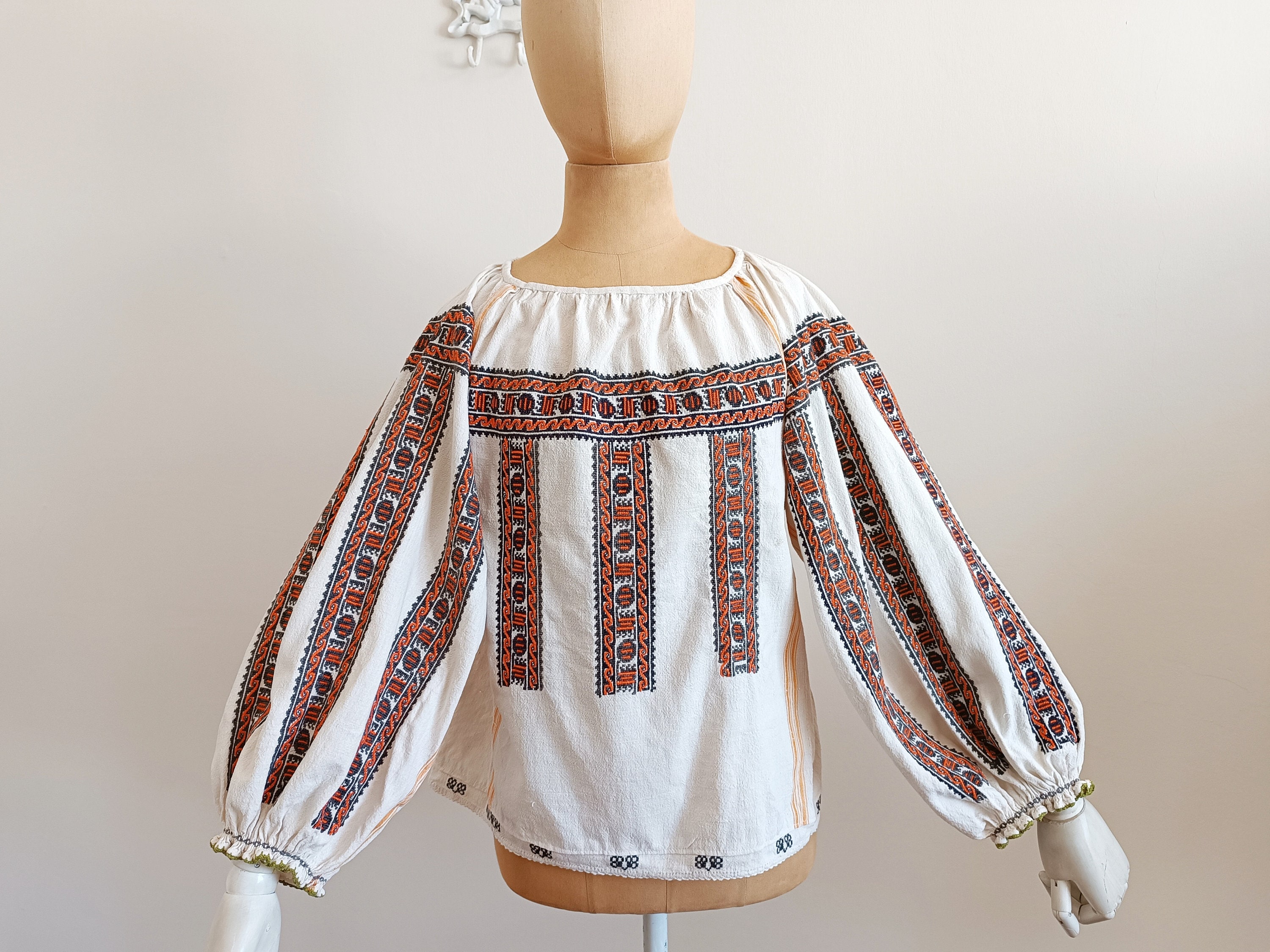 Vintage 1950 Orange Cotton Embroidered Authentic Romanian Blouse