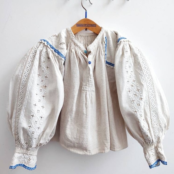 Antique Romanian puffed sleeve authentic folklore embroidered blouse