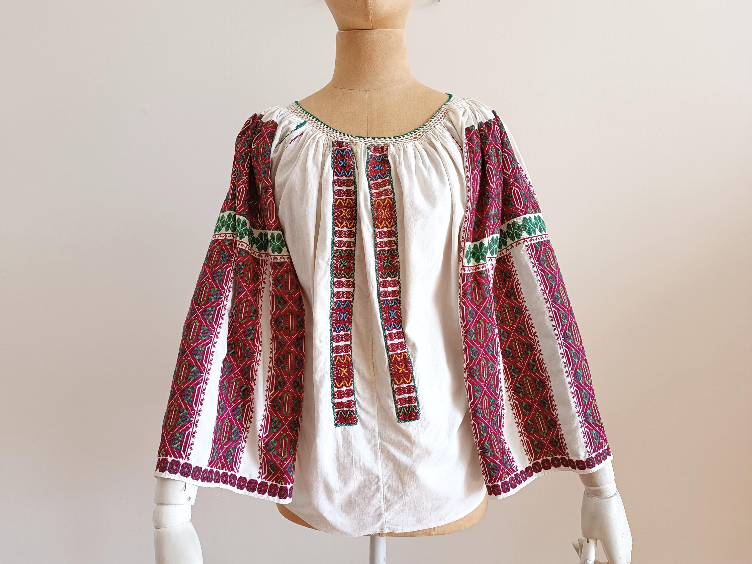 Vintage 1940 Romanian Blouse Embroidered Flowers and Beaded