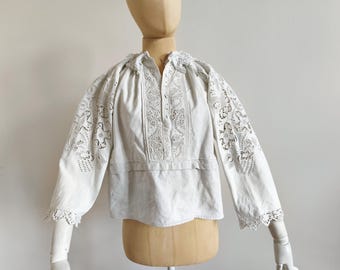 Really rare antique Romanian folklore floral embroidered blouse