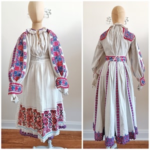 Antique 1930 Romanian costume red and blue embroidery mutton sleeves