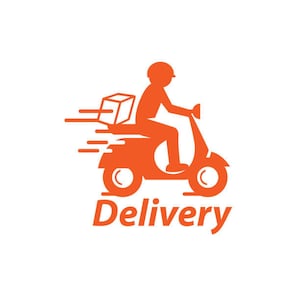 May include: Orange silhouette of a person on a scooter, carrying a package, with the word "Delivery" below. The image suggests fast and efficient service, perfect for e-commerce or food delivery businesses.